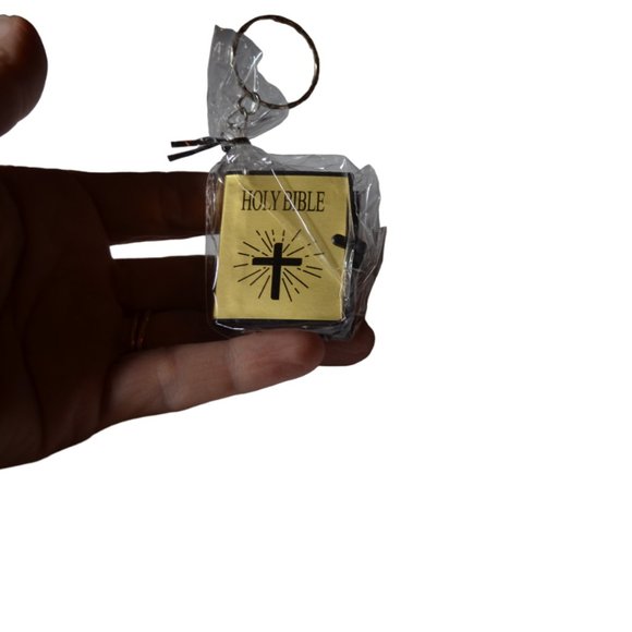 Key Chain Miniature Book Holy Bible with Text Readable Golden 1.75x1.25x0.25' - Picture 1 of 10